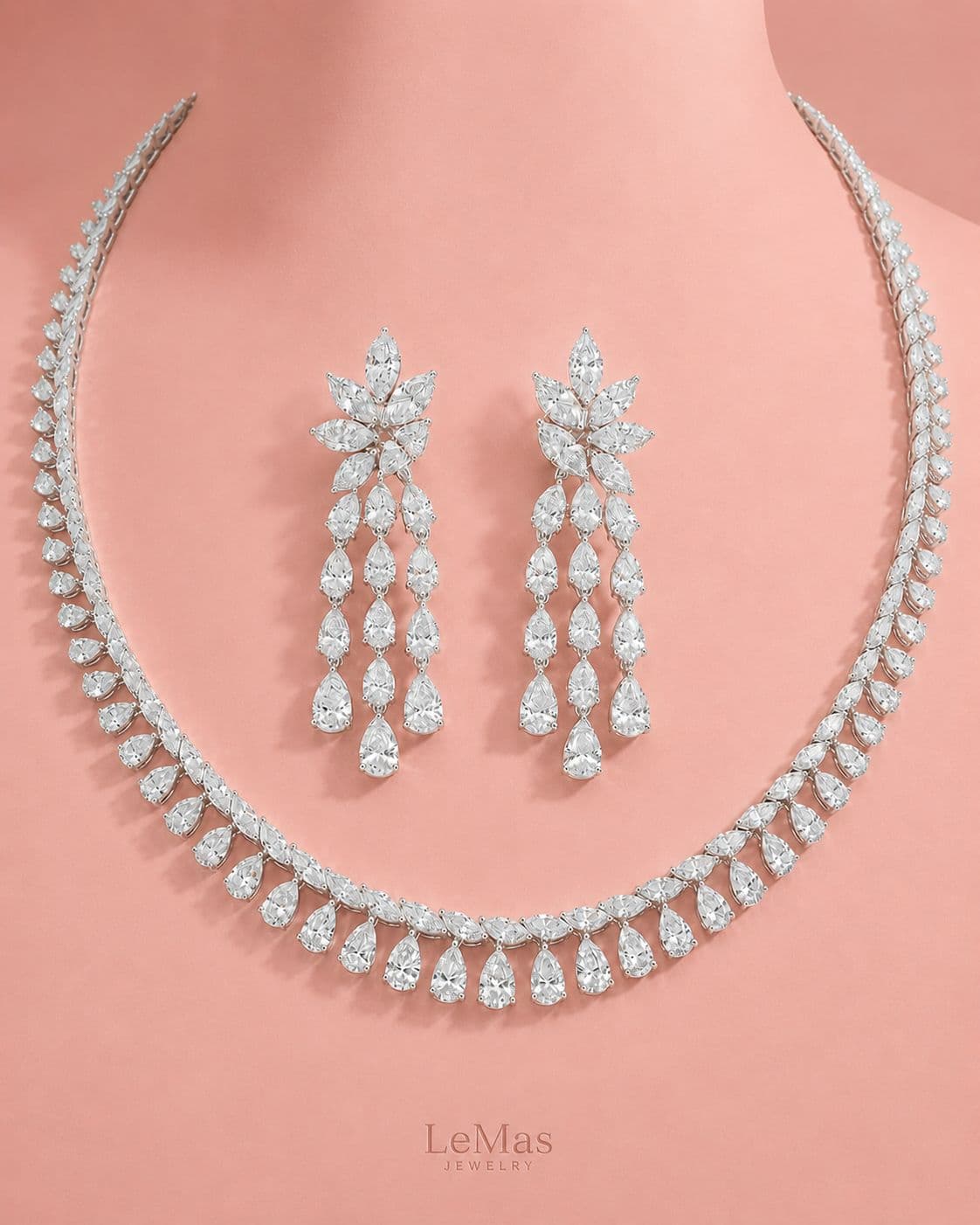 Diamond chandelier earrings and necklace set